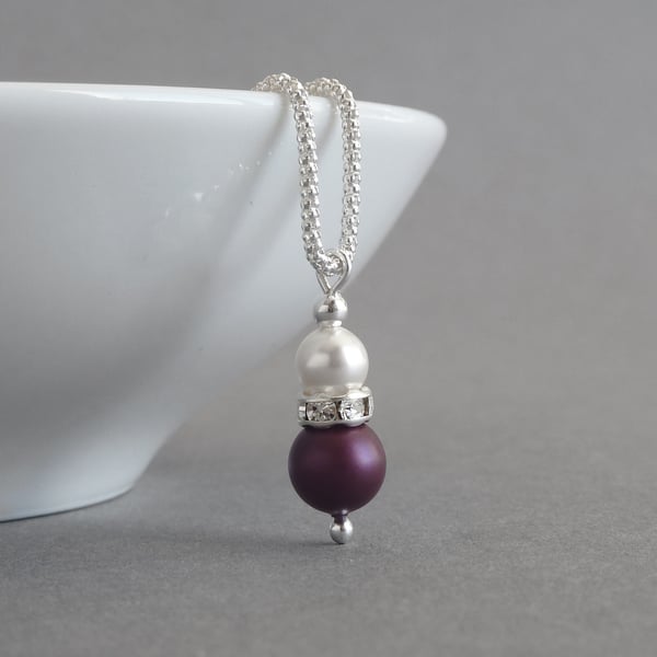 Plum Pearl and Crystal Necklace - Aubergine Drop Pendant - Bridesmaid Jewellery