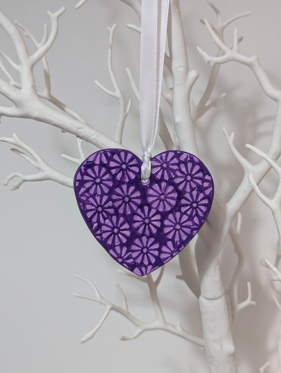 Purple clay heart hanging decoration, embossed with flowers, gift for her