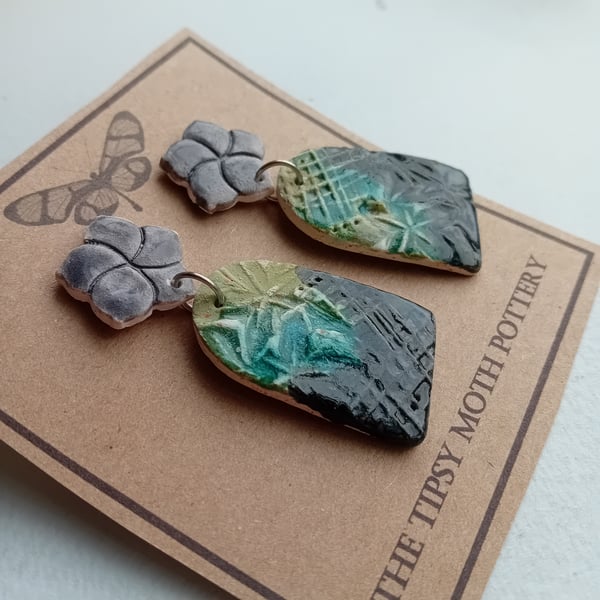 Grey green blue arch rustic  porcelain clay earrings surgical steel 