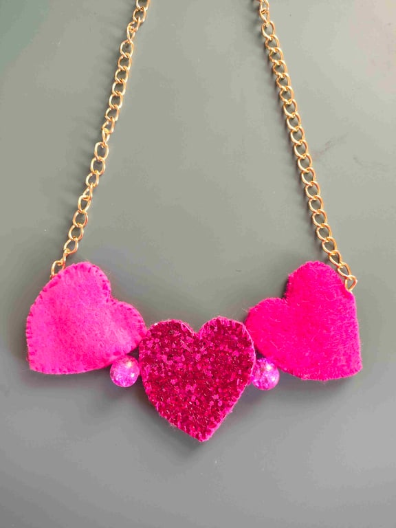 handmade heart felt pink necklace