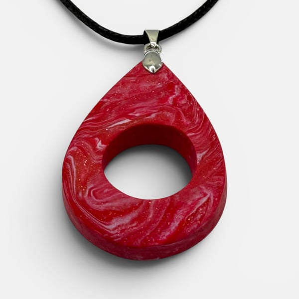 Red and White Marbled Glasses Holder Necklace Shimmer Teardrop Pendant
