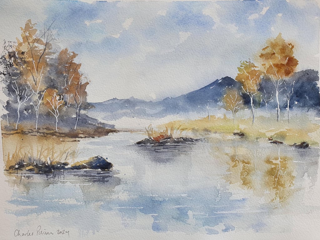 Original Watercolour Landscape. Still Waters at Dawn. Lake Wall Art. 15x11 in