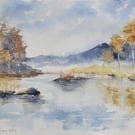 Original Watercolour Landscape. Still Waters at Dawn. Lake Wall Art. 15x11 in
