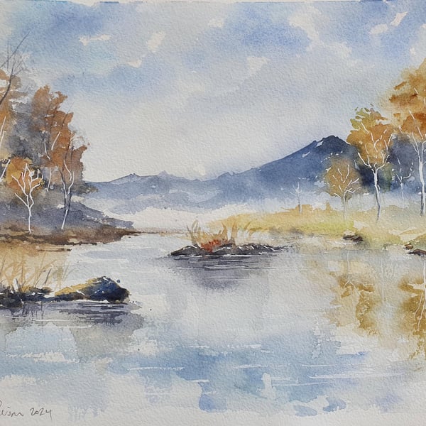 Original Watercolour Landscape. Still Waters at Dawn. Lake Wall Art. 15x11 in