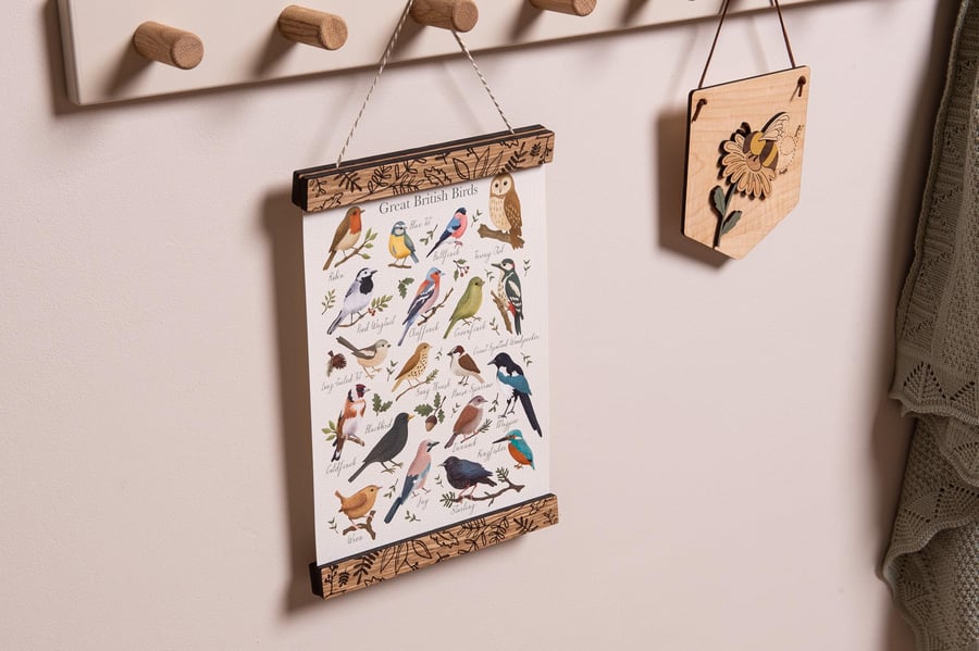 Oak Picture Poster Hangers for Kids Bedroom and Nursery Wall. Rectangle Engraved