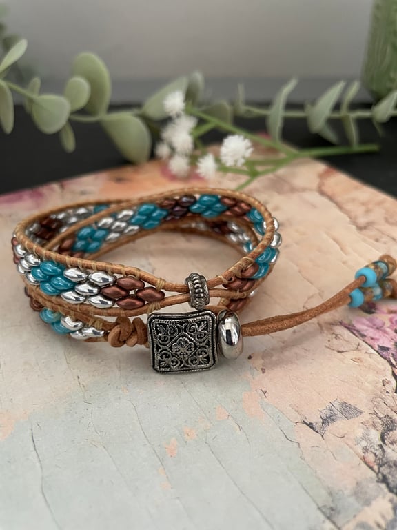 Bracelet, Boho leather double wrap beaded bracelet, free spirit, yoga,