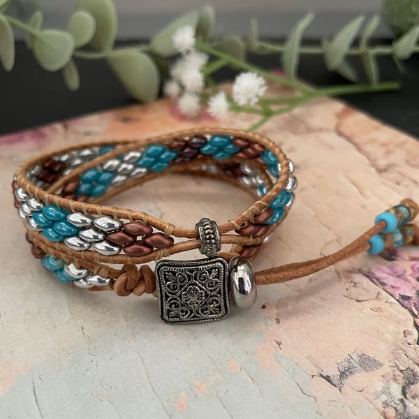 Bracelet, Boho leather double wrap beaded bracelet, free spirit, yoga,