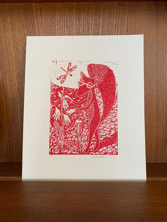 Fox Gloves  - Lino Print - Red Ink original Lino Print.