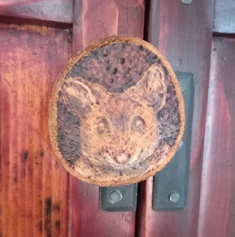 Harvest Mouse pyrography wood slice magnet