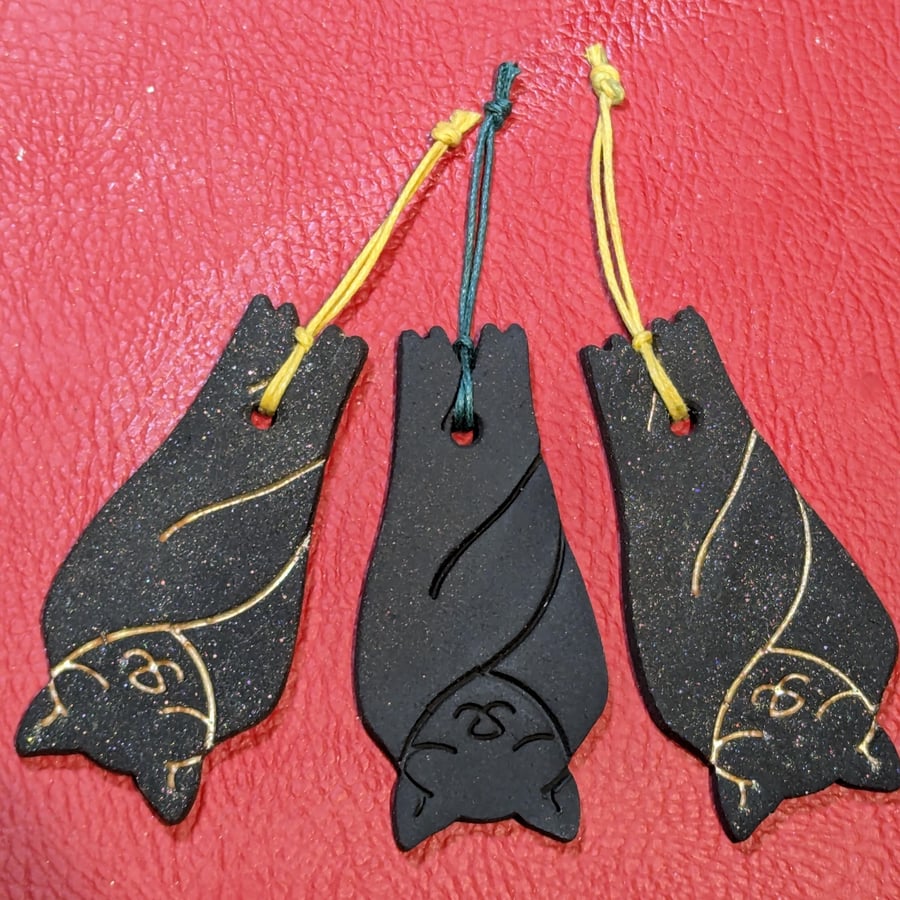 Black clay hibernating bat decoration, sleeping bat Christmas or Yule bauble