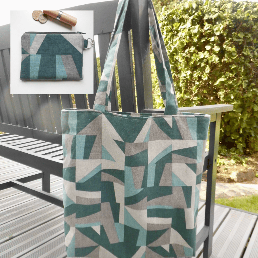 SOLD Tote bag and coin purse matching set modern geometric print grey
