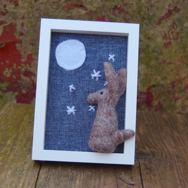  Moon gazing hare - nursery picture - needle felt, wool decoration - 