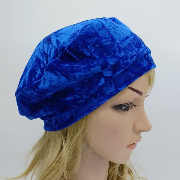 Royal blue crushed velvet beret, lined tam, spring autumn french style hat