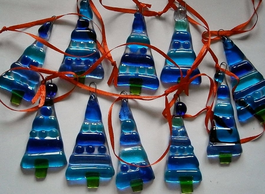 Blue fused glass Christmas tree decorations
