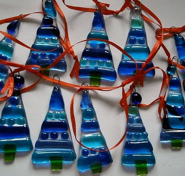 Blue fused glass Christmas tree decorations