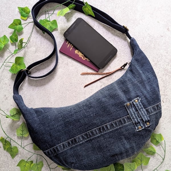 Upcyled Demin Sling Bag or Dumpling Cross Body Bag Recycled Jeans Bag Cat Lining