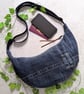 Upcyled Demin Sling Bag or Dumpling Cross Body Bag Recycled Jeans Bag Cat Lining