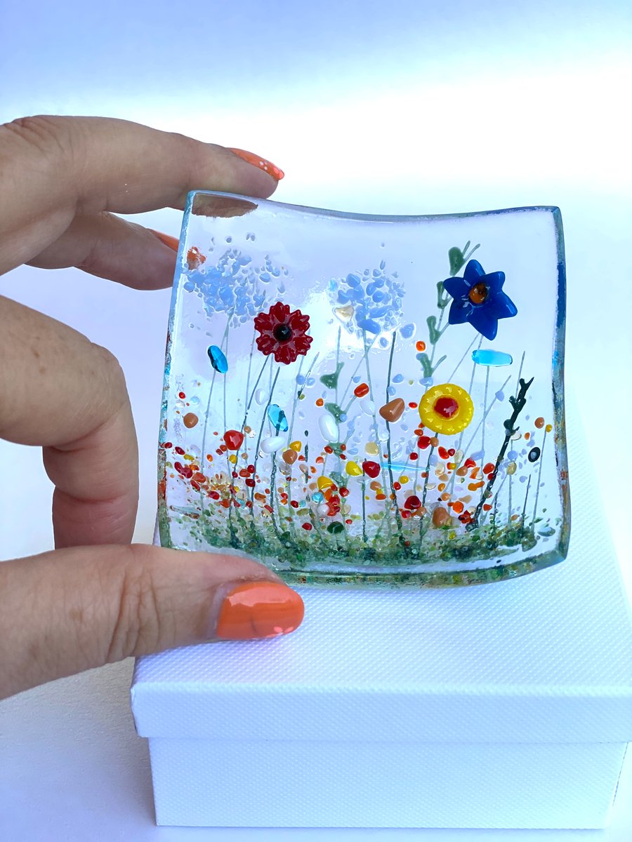 Fused glass meadow trinket dish. 