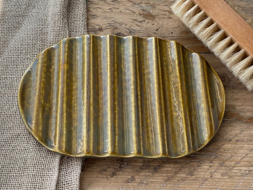 Handmade Pottery Rippled Soap Dish in rich Honey