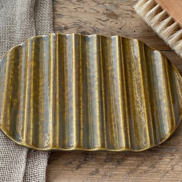 Handmade Pottery Rippled Soap Dish in rich Honey