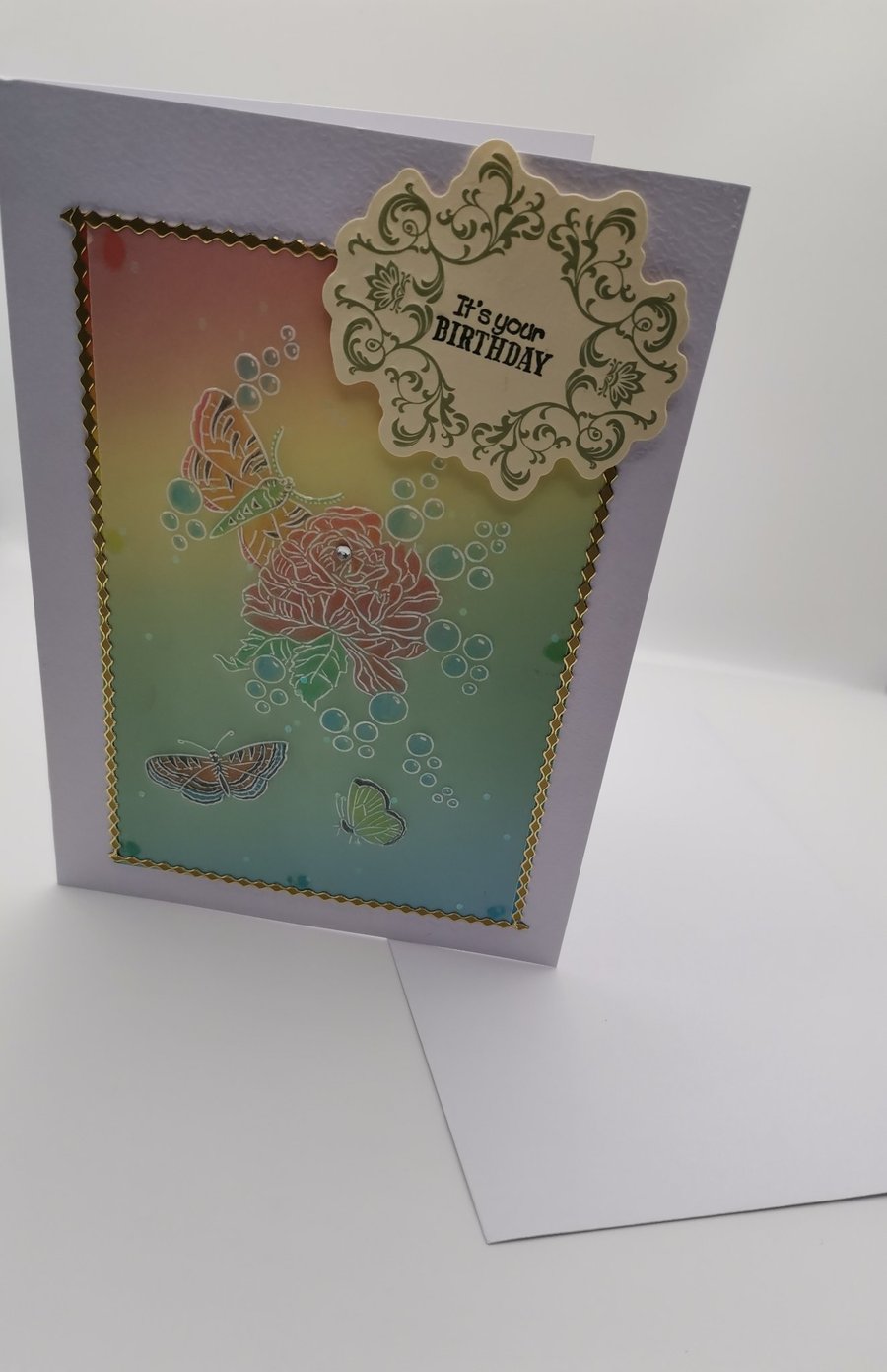 Hand Embossed Colourful Butterfly & Rose Birthday Card