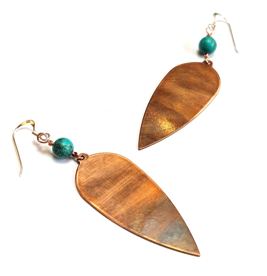 Turquoise and Copper Earrings, Boho Dangle Style, 7 year Anniversary Gift