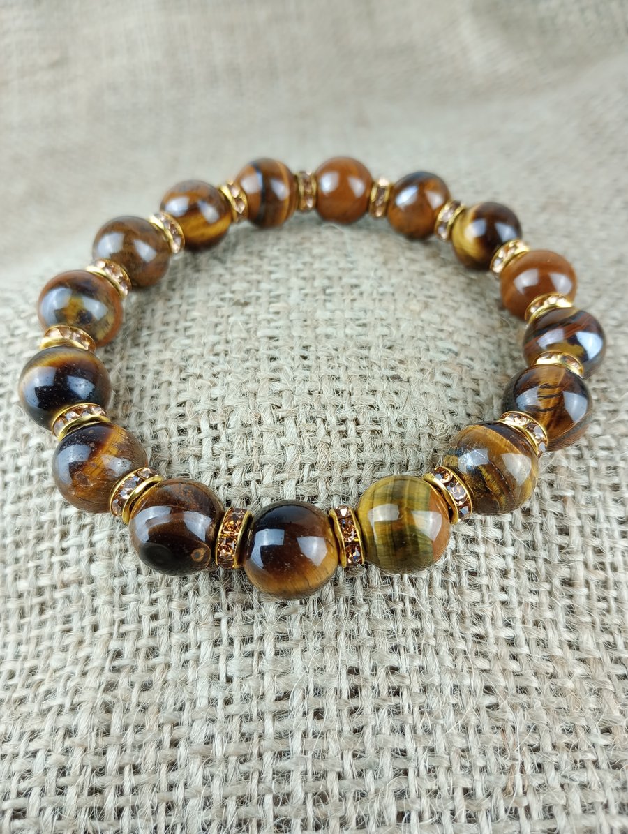 Tiger Eye Stone Bead Bracelet -19cms expandable bracelet with rhinestone spacers