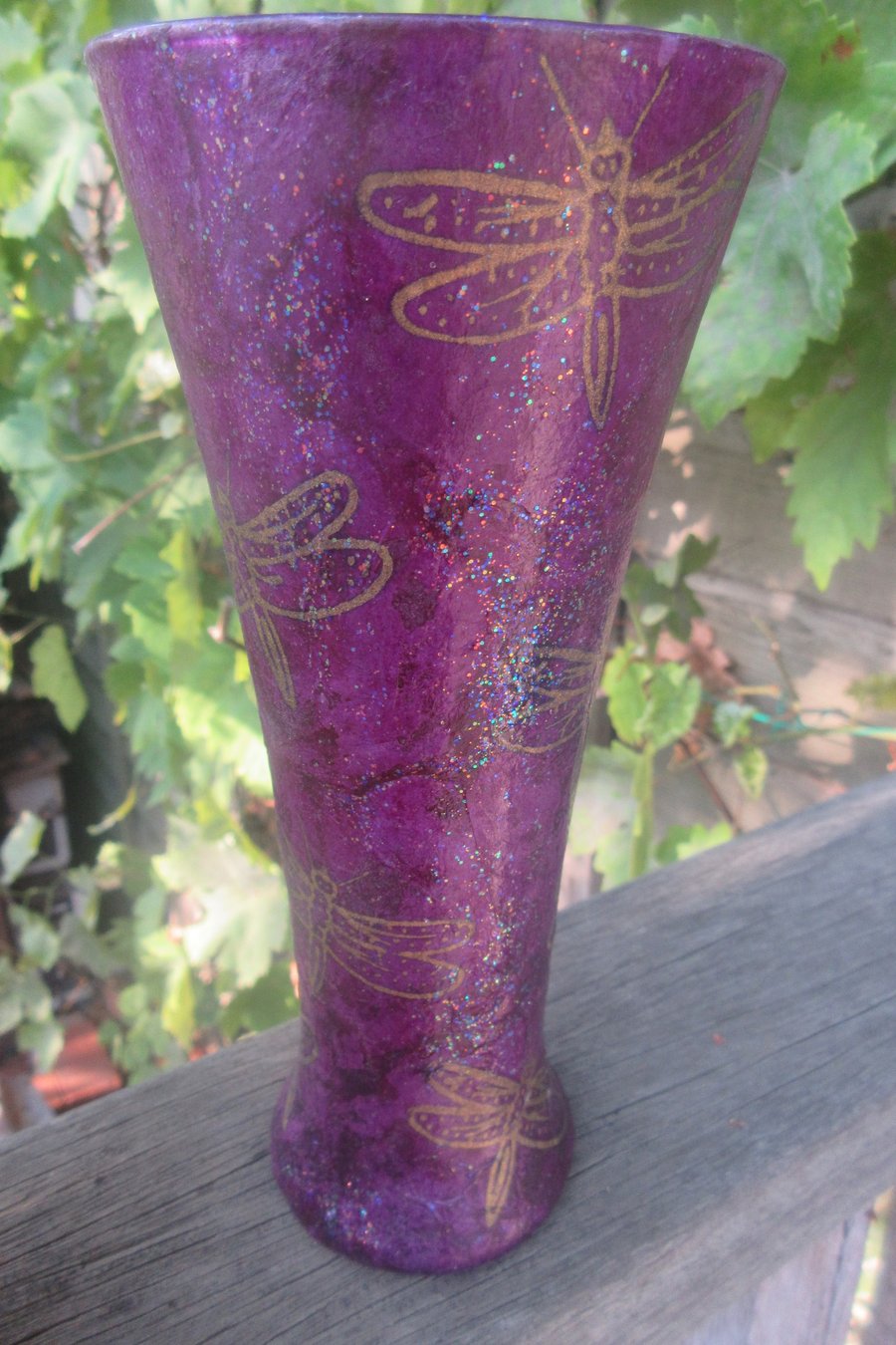 Glass Vase with decoupaged with purple handmade paper with dragonflies in gold