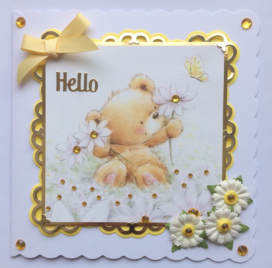 Hello Card Cute Teddy Bear With Daisies 3D Luxury Handmade Card