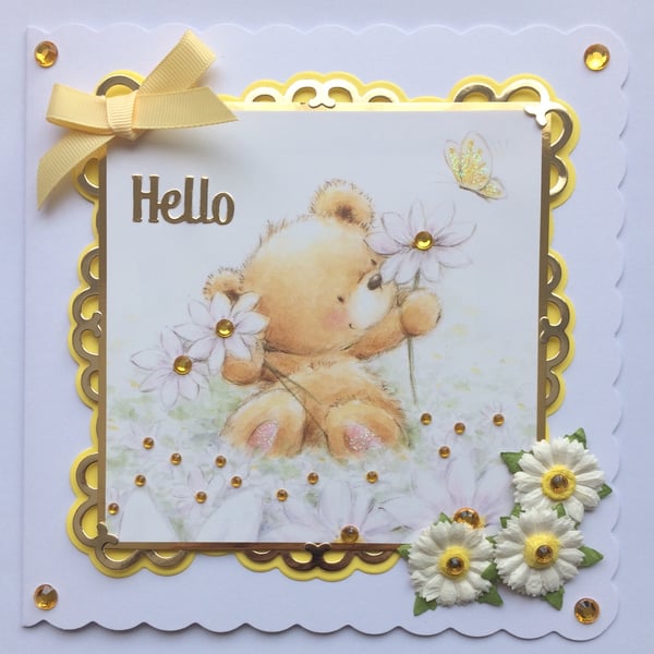 Hello Card Cute Teddy Bear With Daisies 3D Luxury Handmade Card