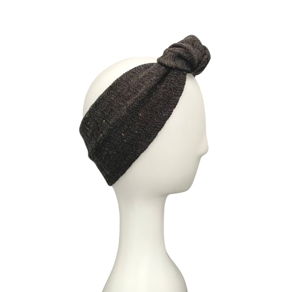 Dark grey front knot speckled wool cozy winter ear warmer headband