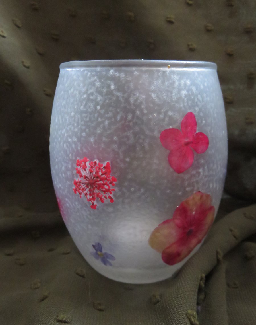 Frosted Tealight Candle Holder with Natural Dried Pressed Flowers