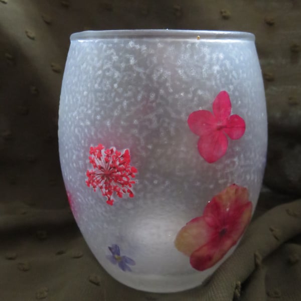 Frosted Tealight Candle Holder with Natural Dried Pressed Flowers
