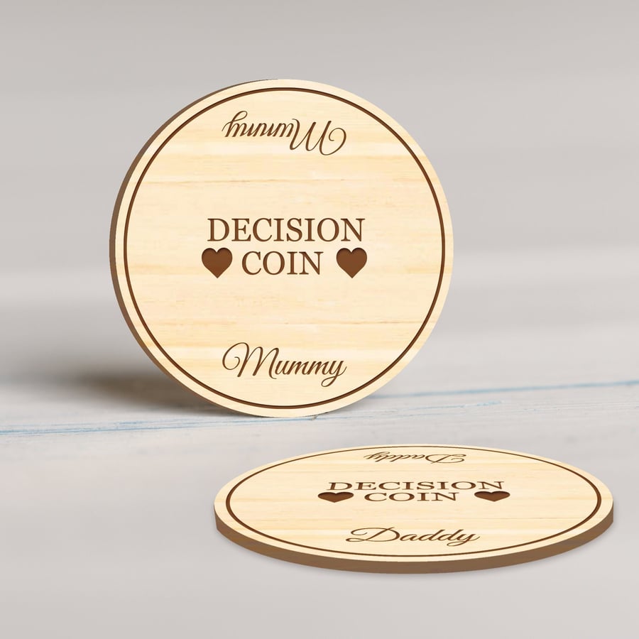 Personalised Decision Coin - Novelty Gift, Engraved Wooden Decision Making Coin