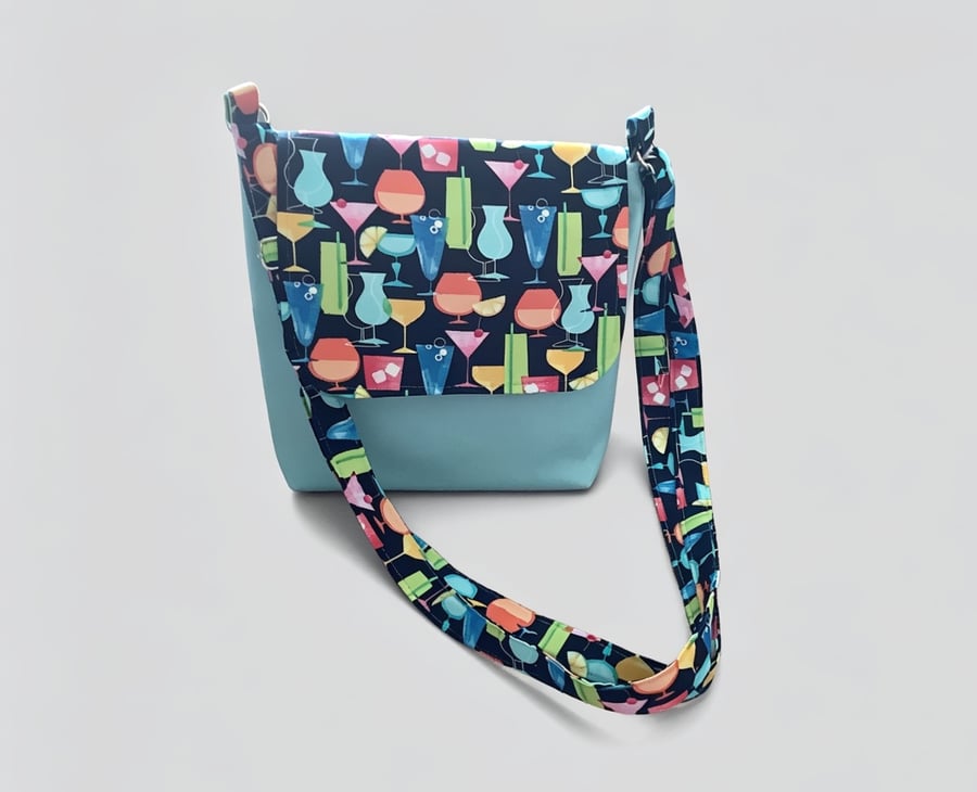 Crossbody messenger bag in soft blue faux leather and patterned cotton
