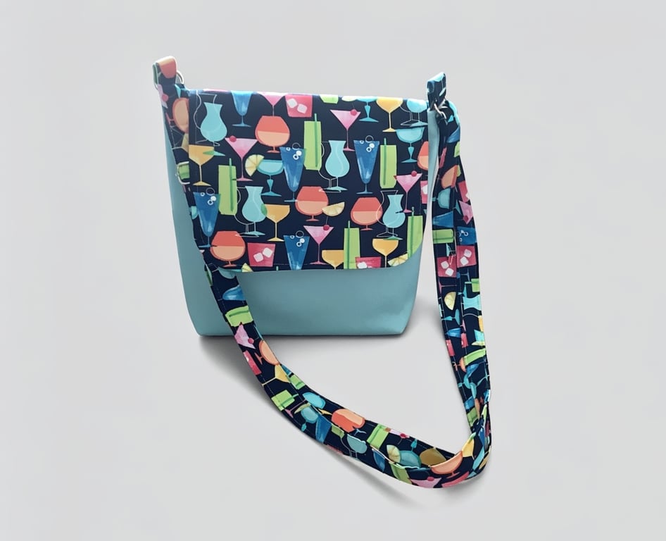 Crossbody messenger bag in soft blue faux leather and patterned cotton
