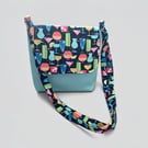 Crossbody messenger bag in soft blue faux leather and patterned cotton