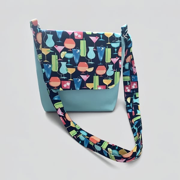 Crossbody messenger bag in soft blue faux leather and patterned cotton