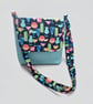 Crossbody messenger bag in soft blue faux leather and patterned cotton
