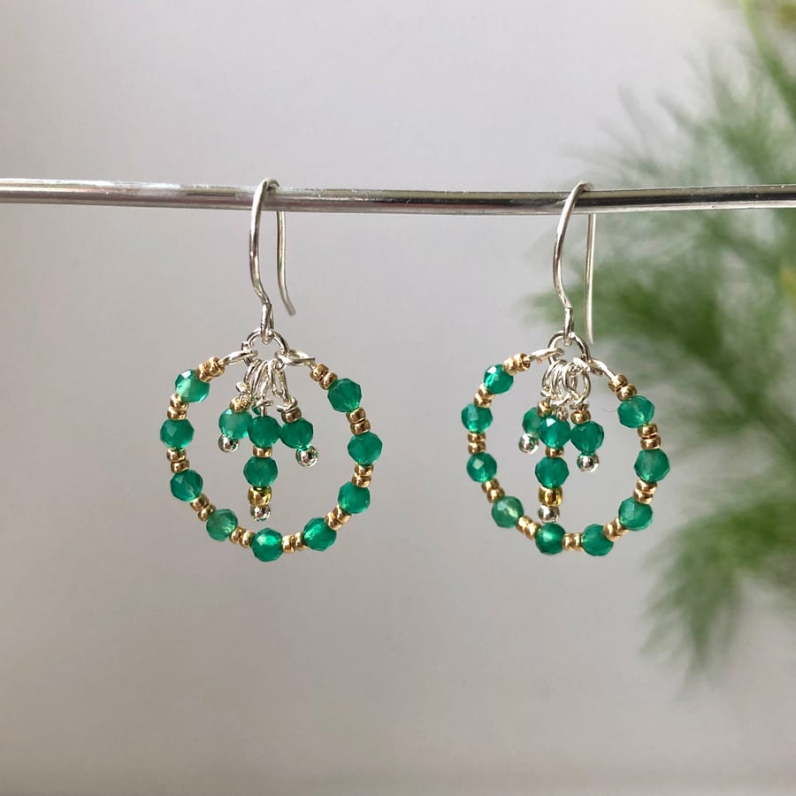 Small Bright Green Onyx Gemstone Beaded Hoop Earrings, Sterling Silver Hooks