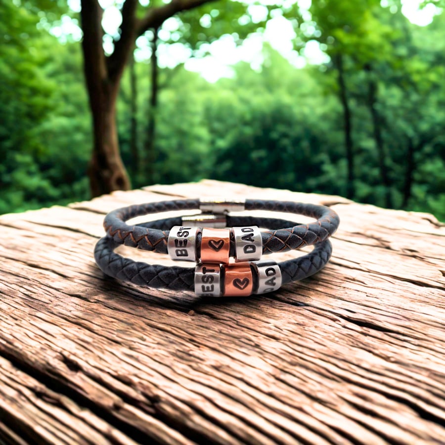 Best Dad Leather Bracelet with Hand Stamped Rings - Free Delivery