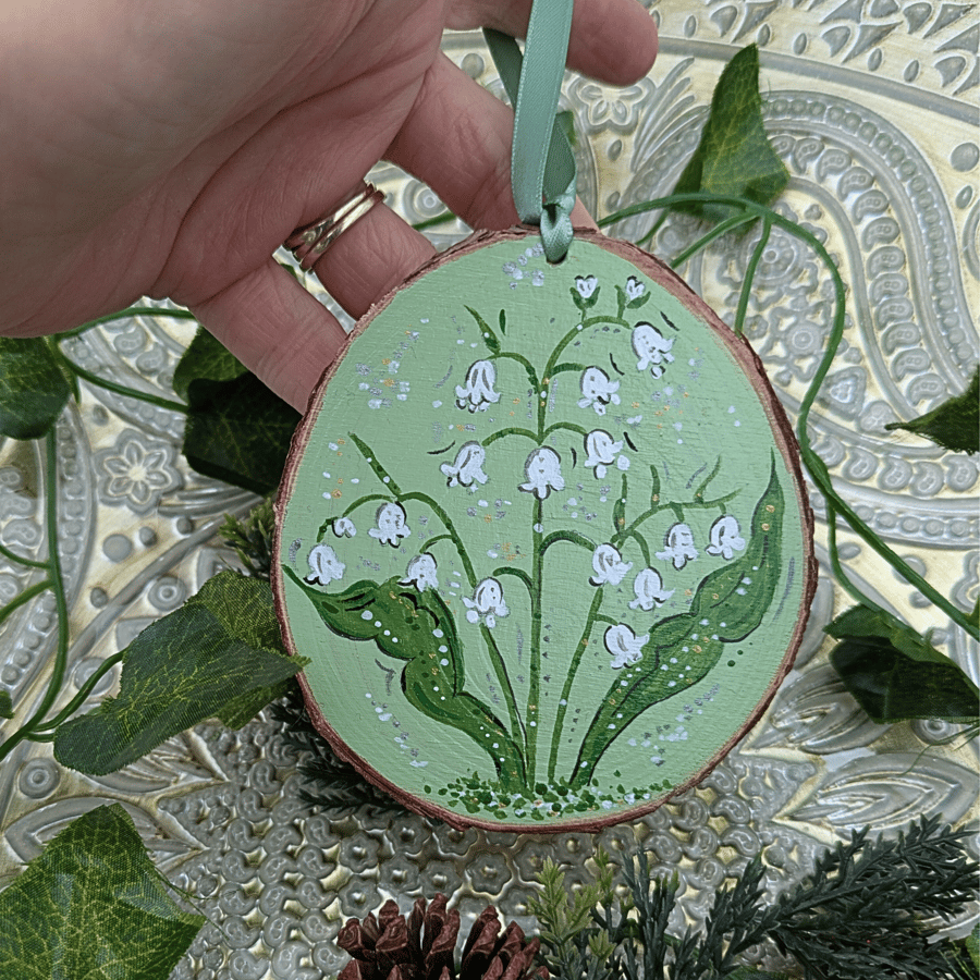 Lily of the valley hand-painted ornament, Lily of the valley log slice