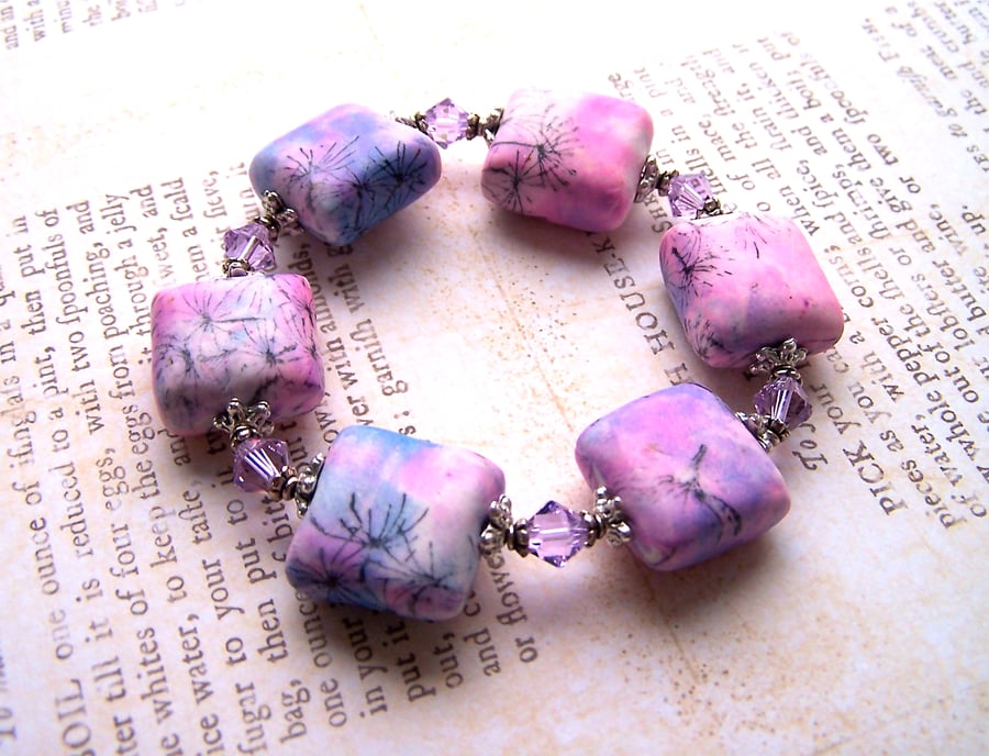 Pink Bracelet, Polymer Clay Bracelet, Handmade Beads, Lavender Pink