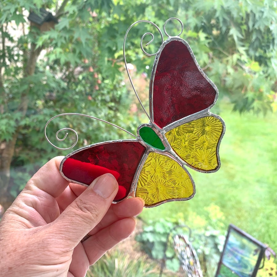 Stained Glass Butterfly Suncatcher - Handmade Decoration - Red and Amber