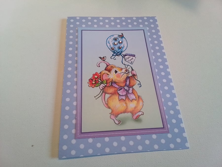 Birthday card. Party time. With love. Time to party. Mouse and balloon. Ref 095