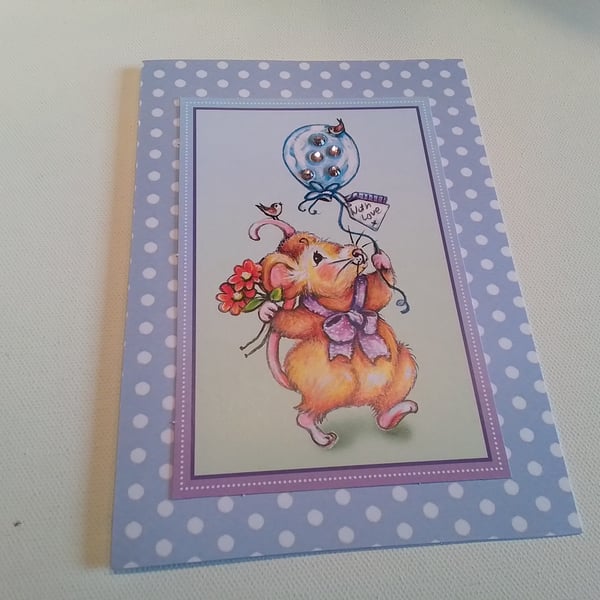 Birthday card. Party time. With love. Time to party. Mouse and balloon. Ref 095