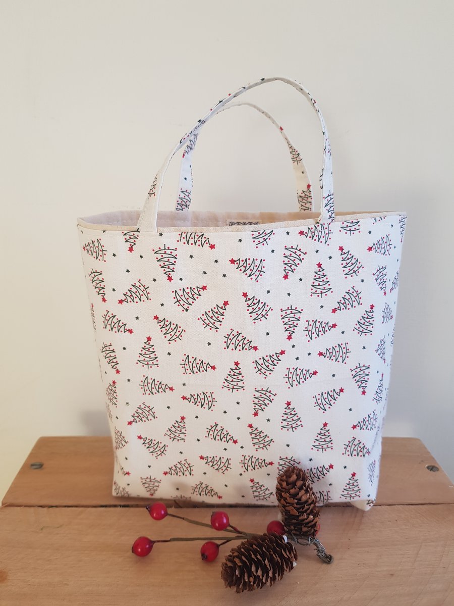 Reusable fabric Christmas gift bag; little trees