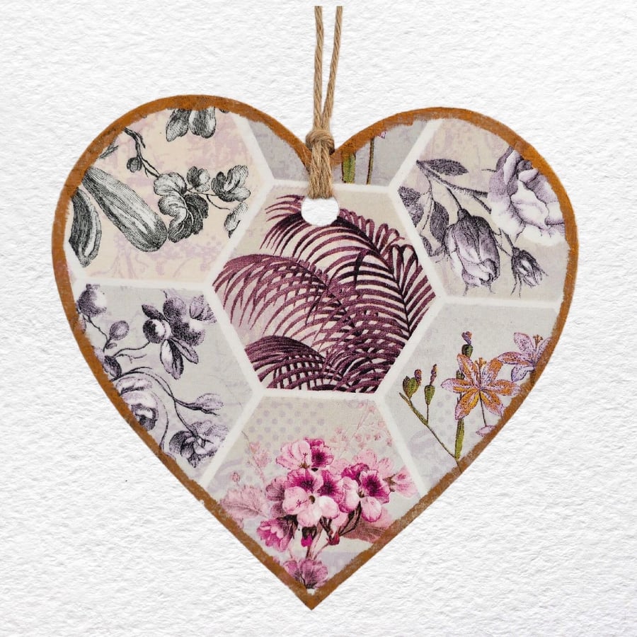 Decoupaged Wooden Hanging Heart 15cm (6"): Fern and Flower design