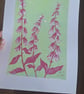 'Foxgloves' An original linoprint of foxgloves with a green background. - Image 7