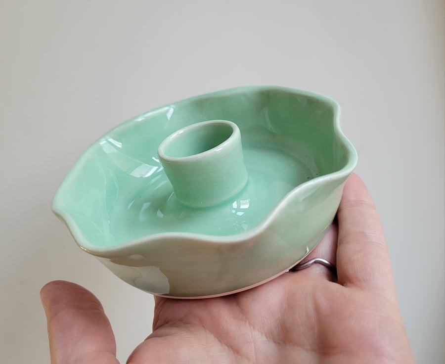 Green pottery candle holder with fluted scalloped rim , pottery gift